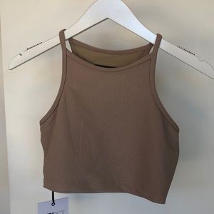 BeachRiot high neck ribbed crop top sports bra in tan with gold fabric